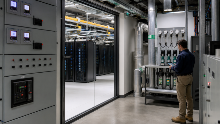 Technician reviewing electrical metering and cooling instrumentation beside a modern data hall