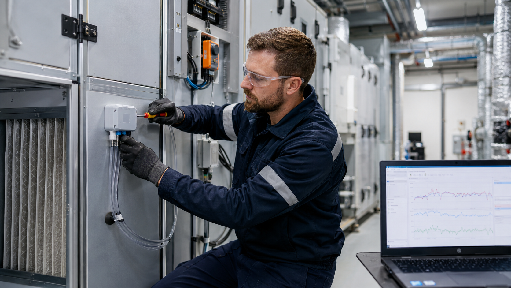 HVAC technician replacing a differential-pressure sensor and checking BMS trend data beside an air-handling unit