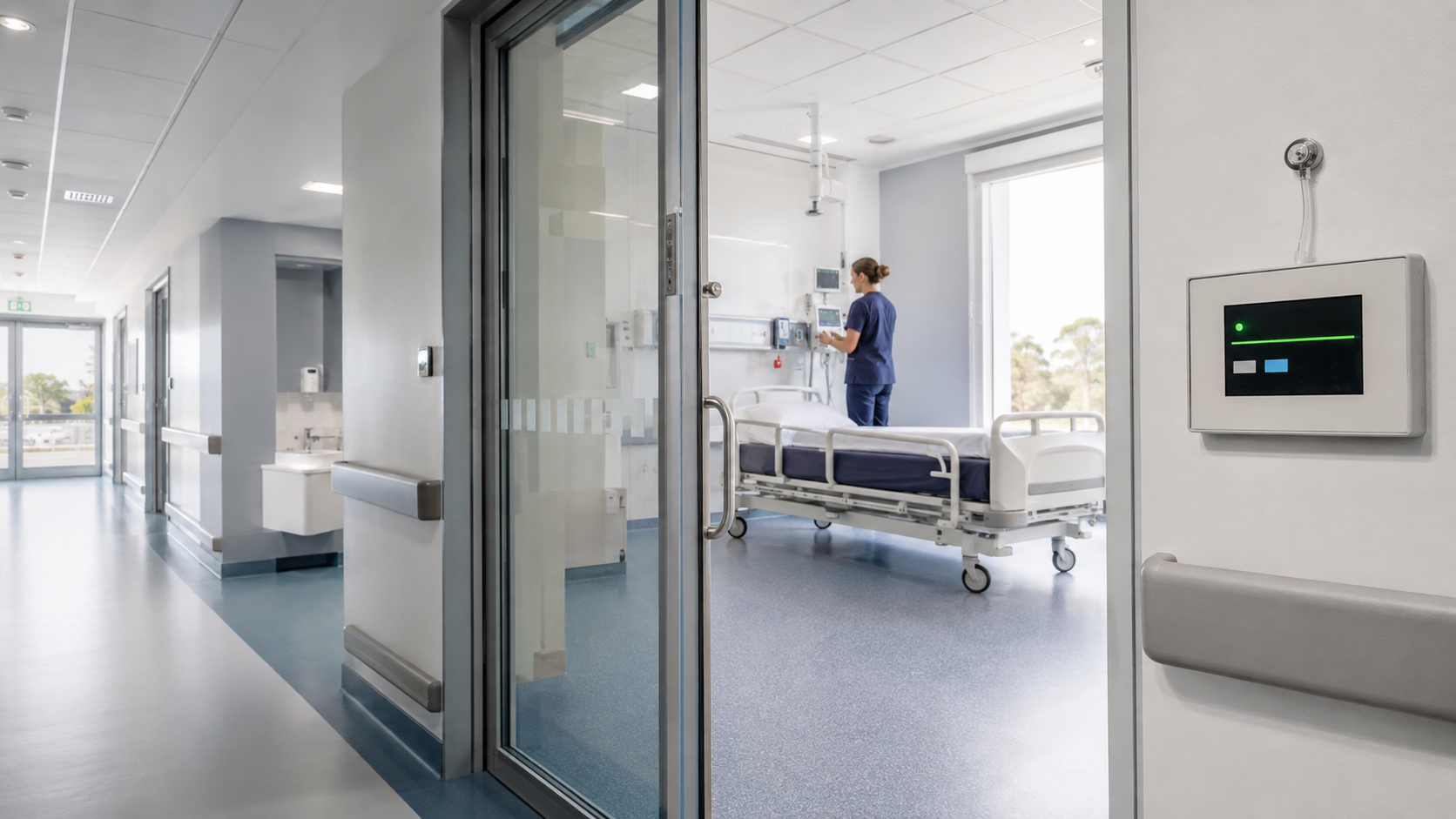 Healthcare isolation room with a wall-mounted critical room pressure monitor beside the doorway